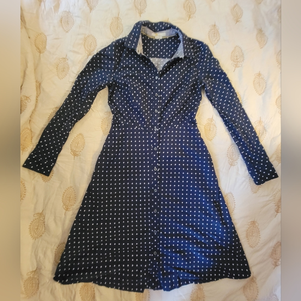 Boden Coastal Navy Polka Dot Button-Up Midi Dress